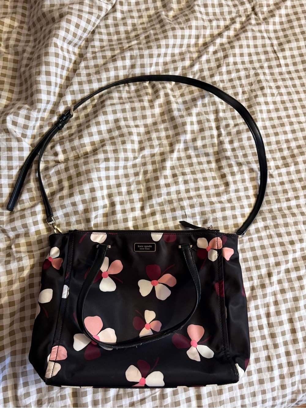 kate spade Black Floral Nylon Shoulder Bag with Pink and White Accents